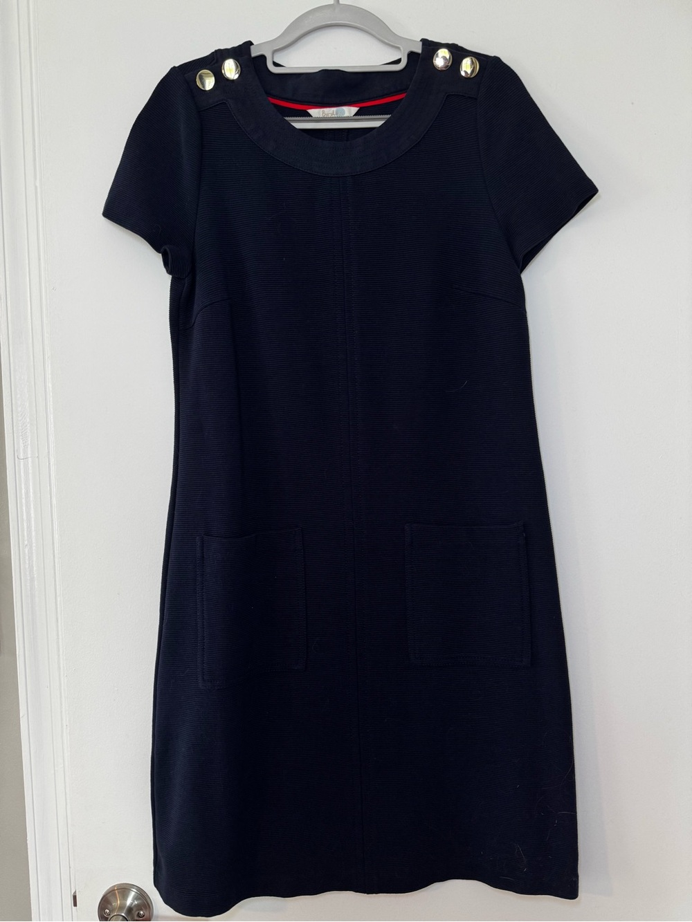 Boden Navy Blue Short Sleeve Ottoman Shift Dress with Gold Button Detail - Sz 14